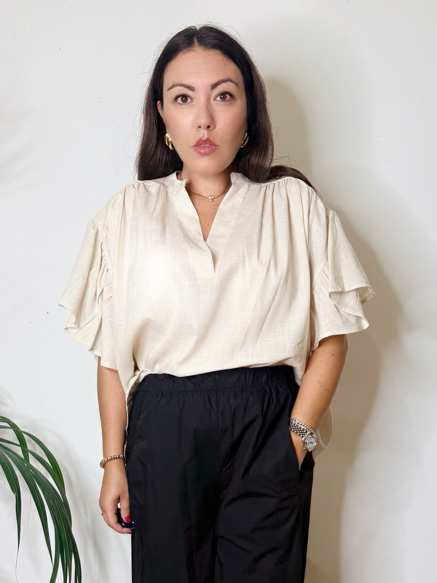 Blusa in misto lino con maniche a farfalla