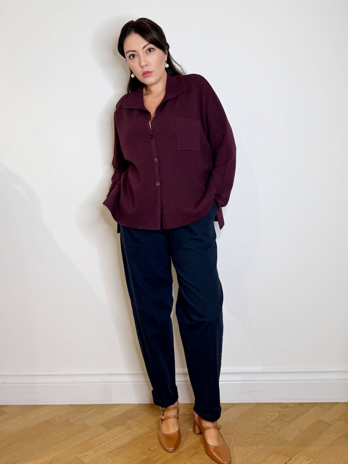 Maxi camicia in maglia burgundy