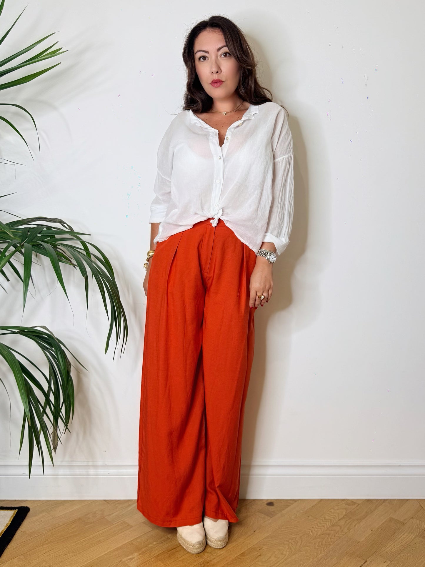 Pantaloni palazzo misto lino arancio