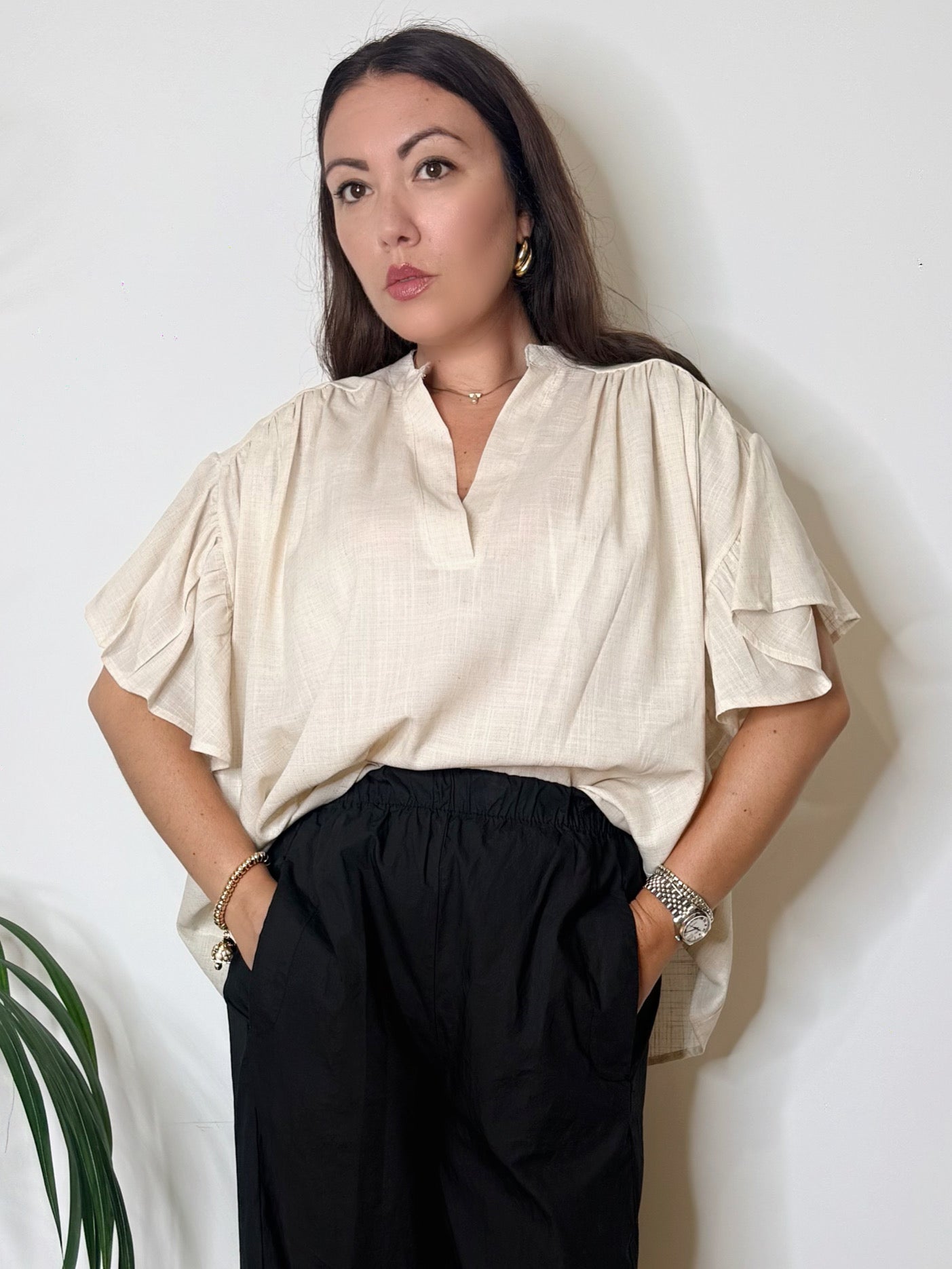 Blusa in misto lino con maniche a farfalla