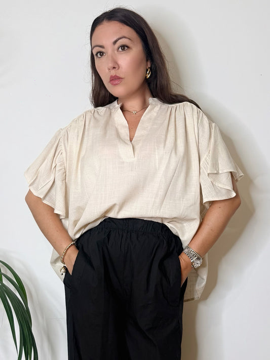 Blusa in misto lino con maniche a farfalla
