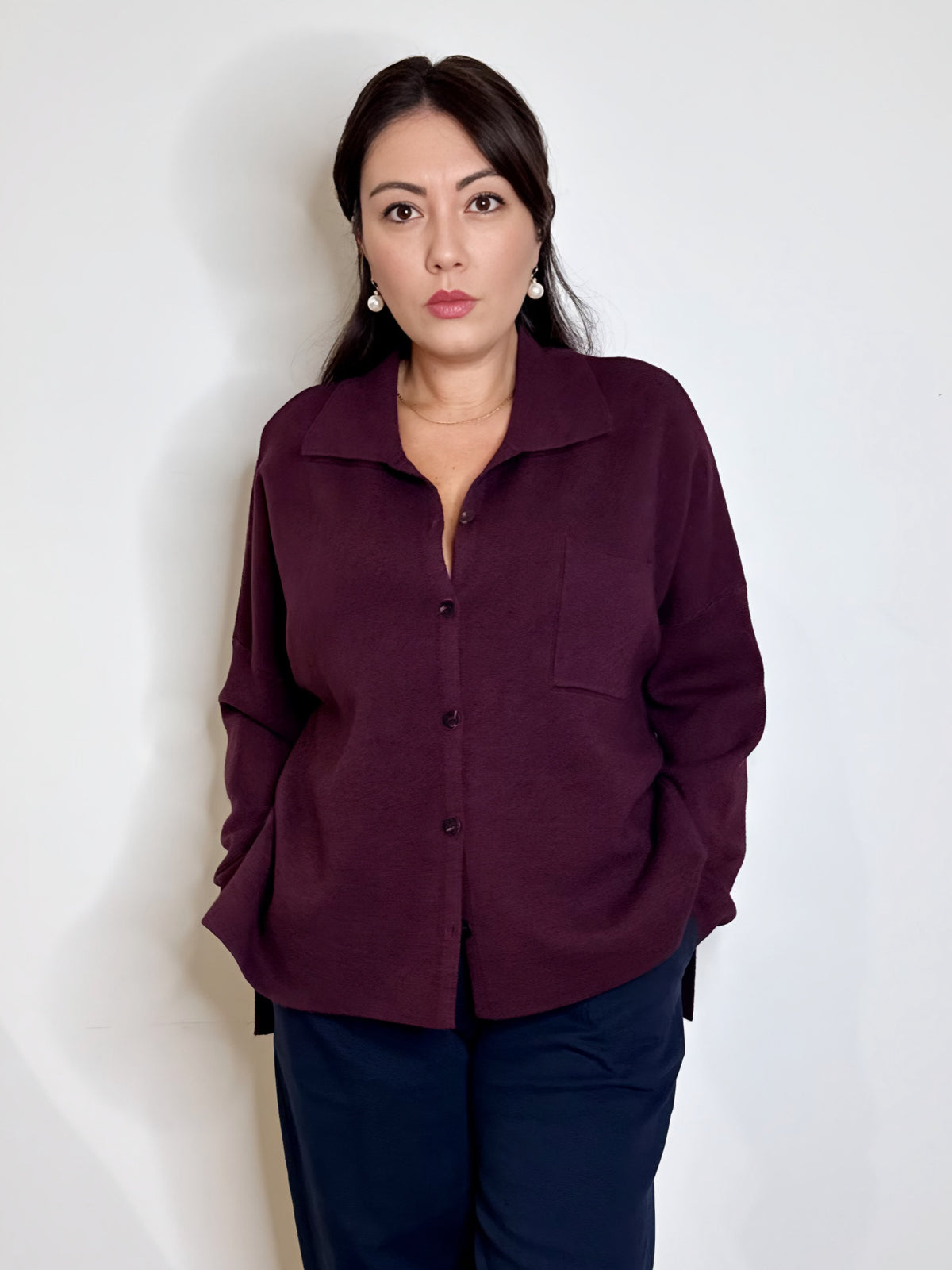 Maxi camicia in maglia burgundy