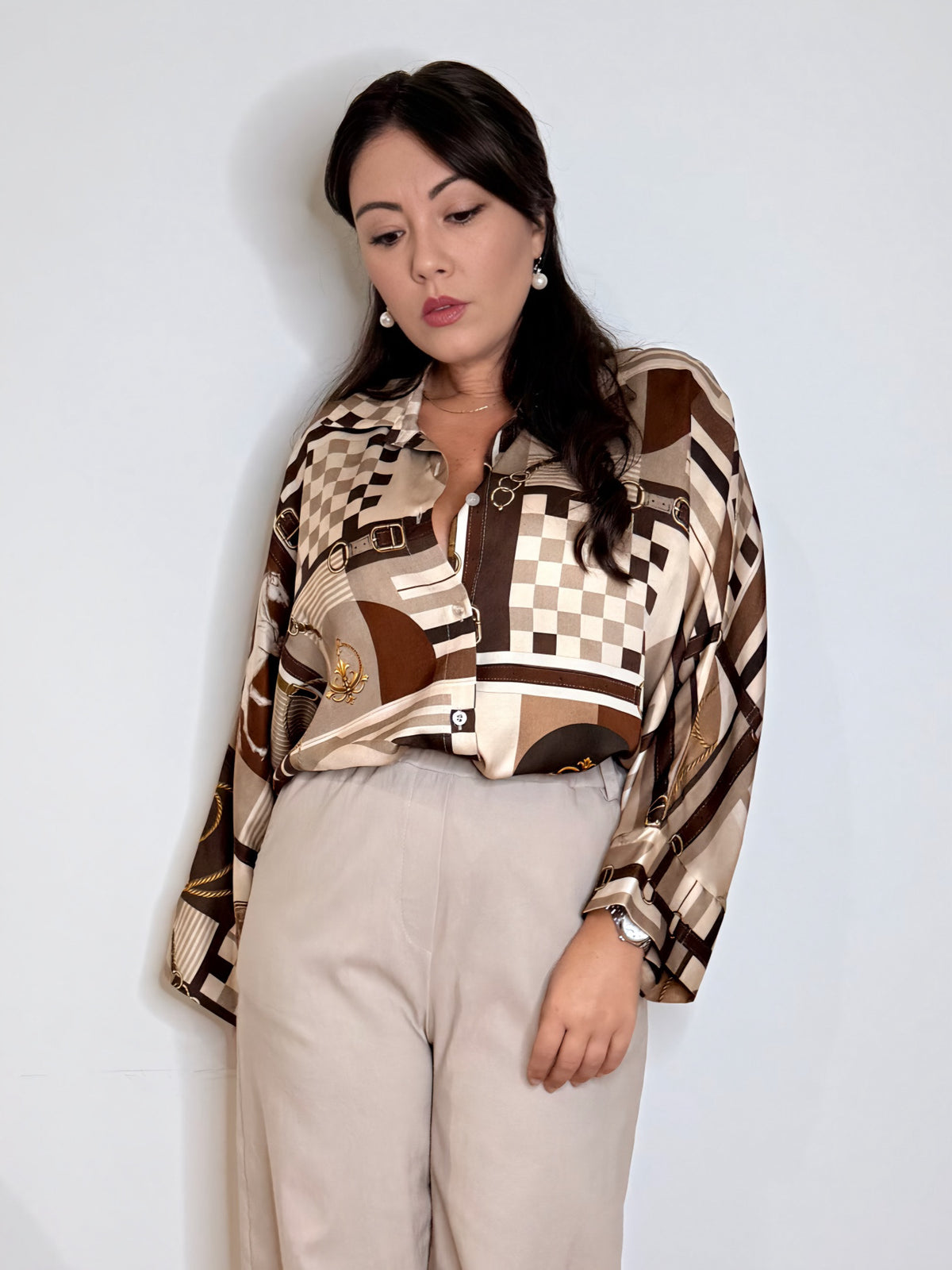Camicia satinata stampa cavalli