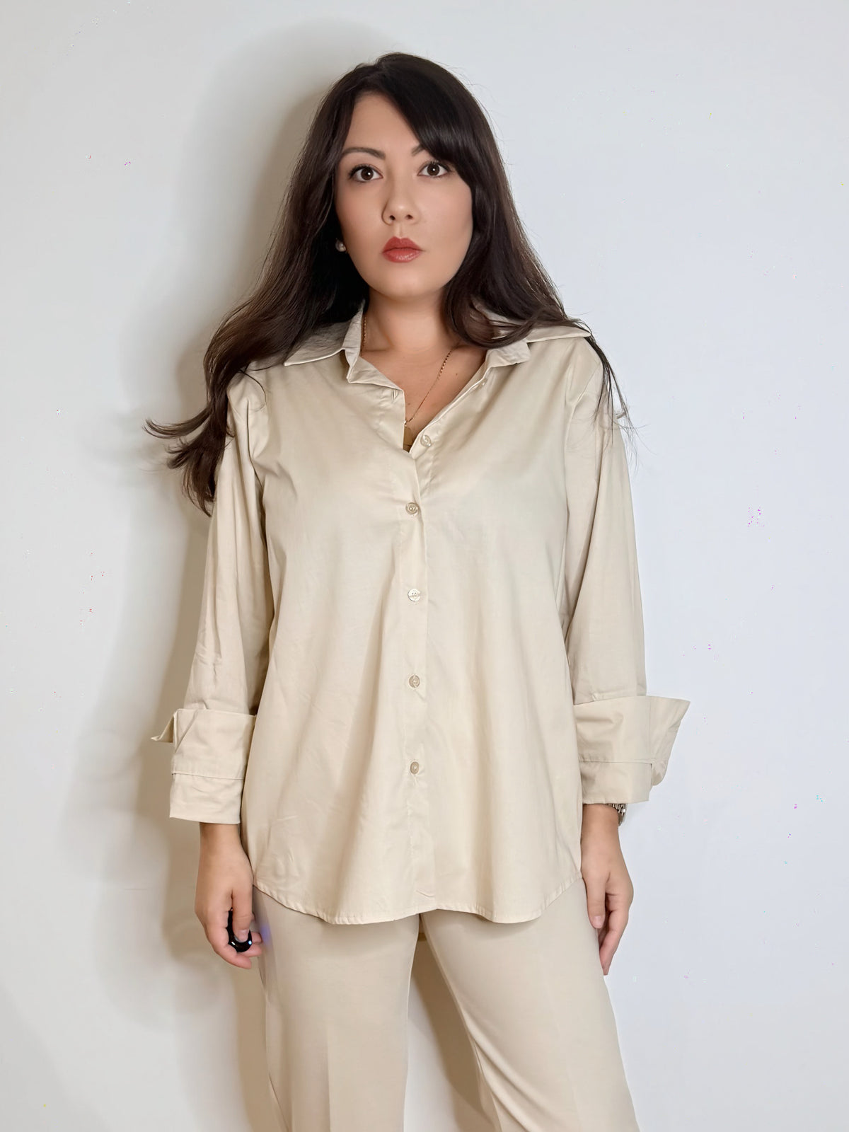 Camicia lunga in cotone beige