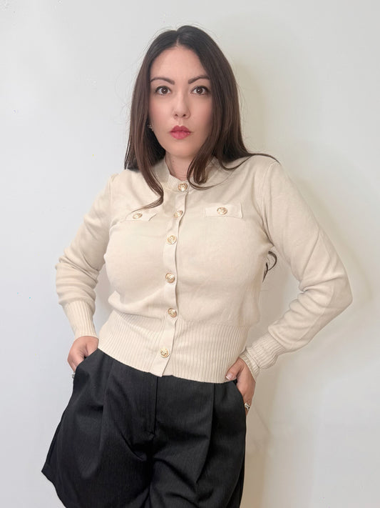 Cardigan bon ton in maglia beige