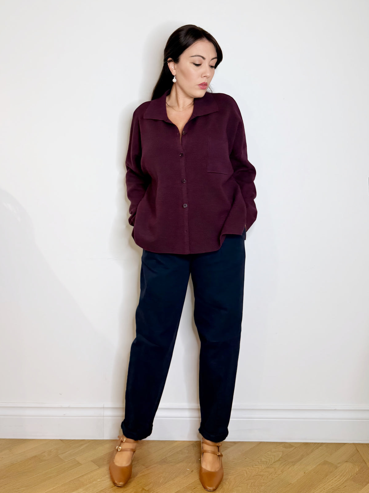 Maxi camicia in maglia burgundy