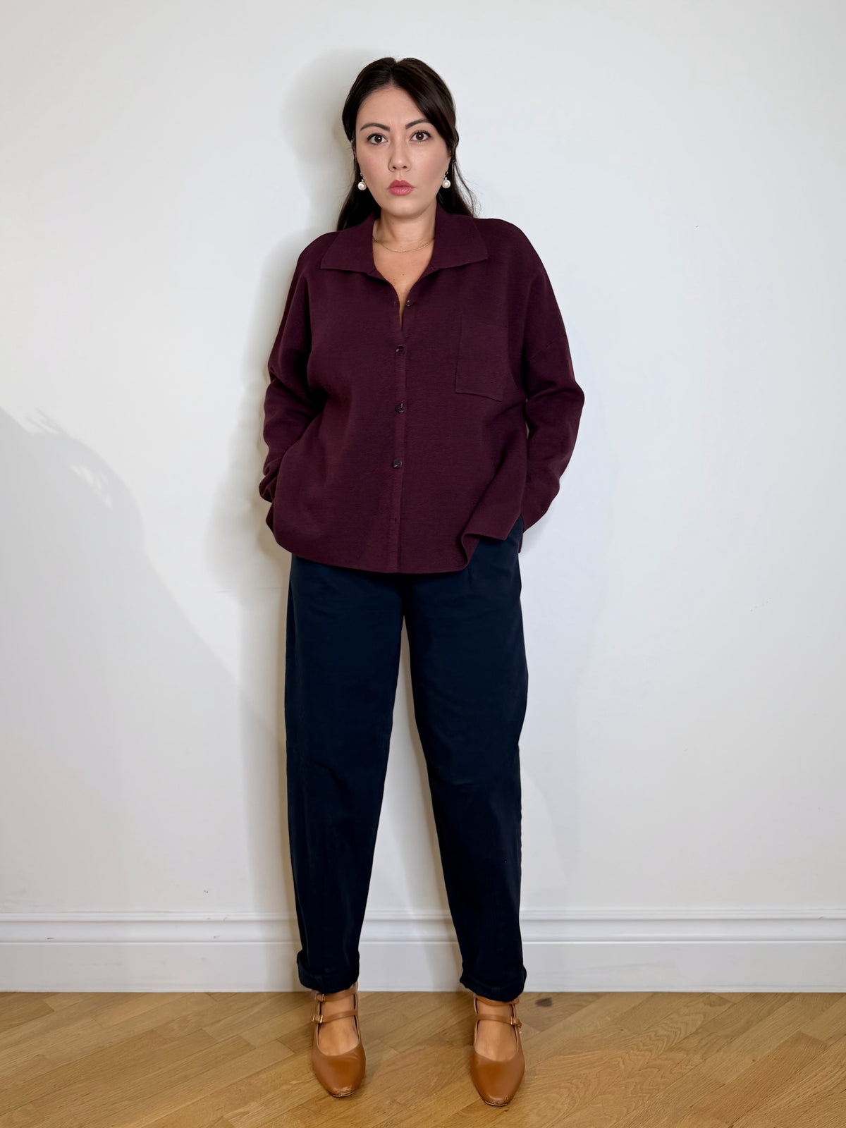Maxi camicia in maglia burgundy