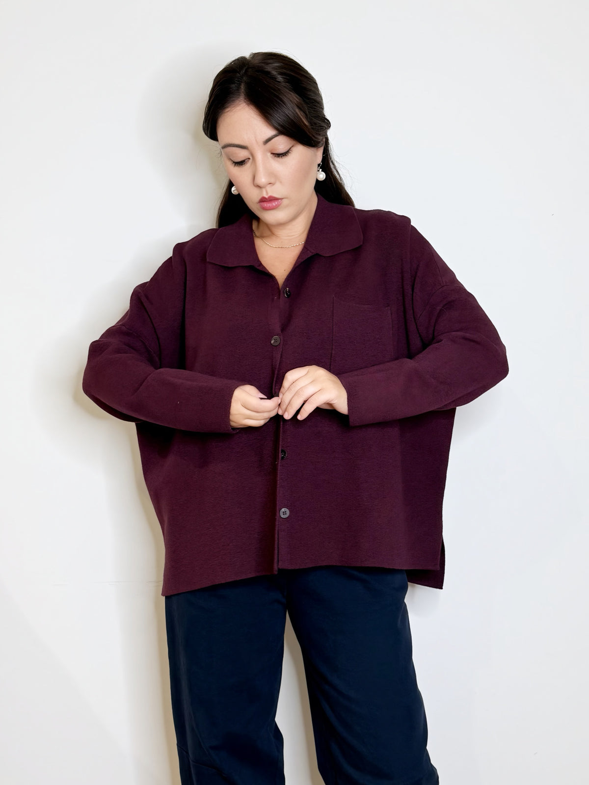 Maxi camicia in maglia burgundy