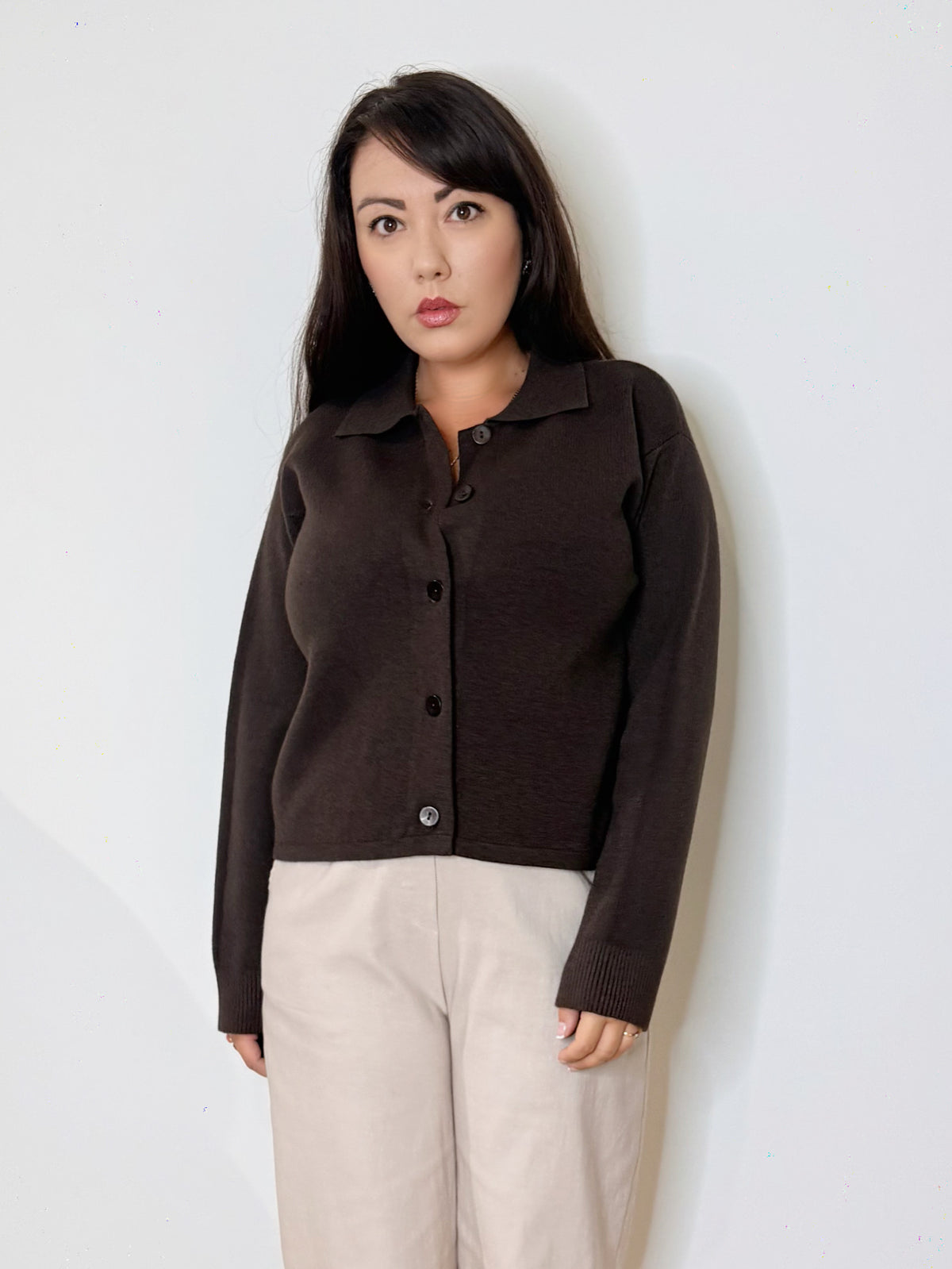 Cardigan collo polo cioccolato