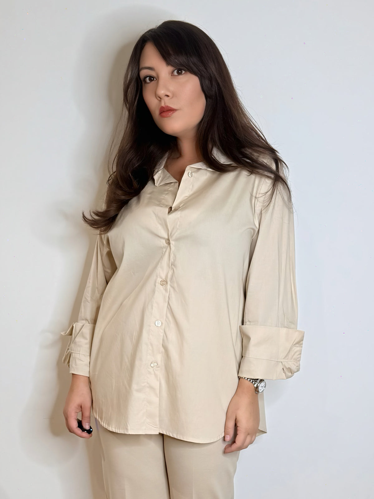 Camicia lunga in cotone beige