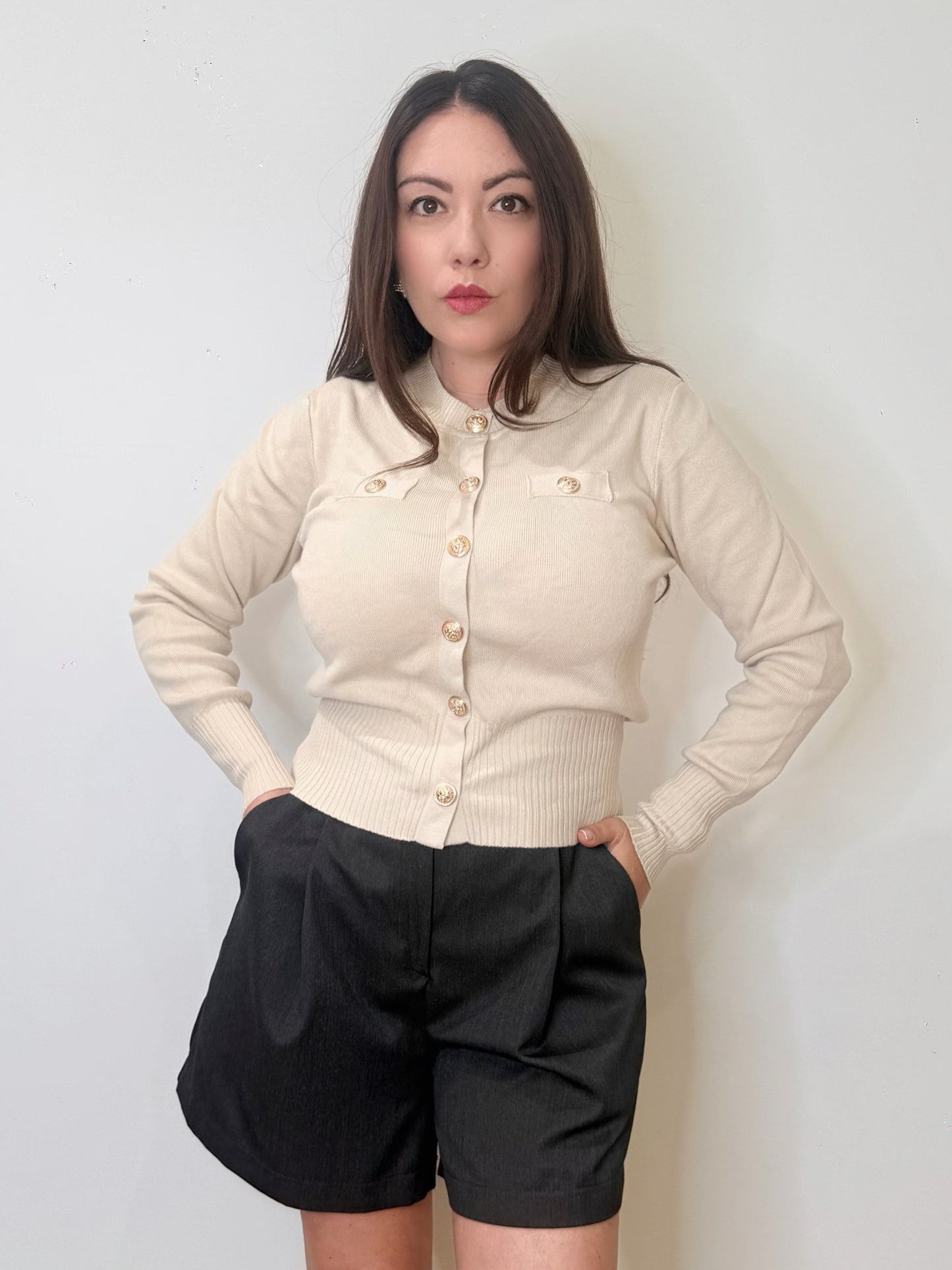 Cardigan bon ton in maglia beige