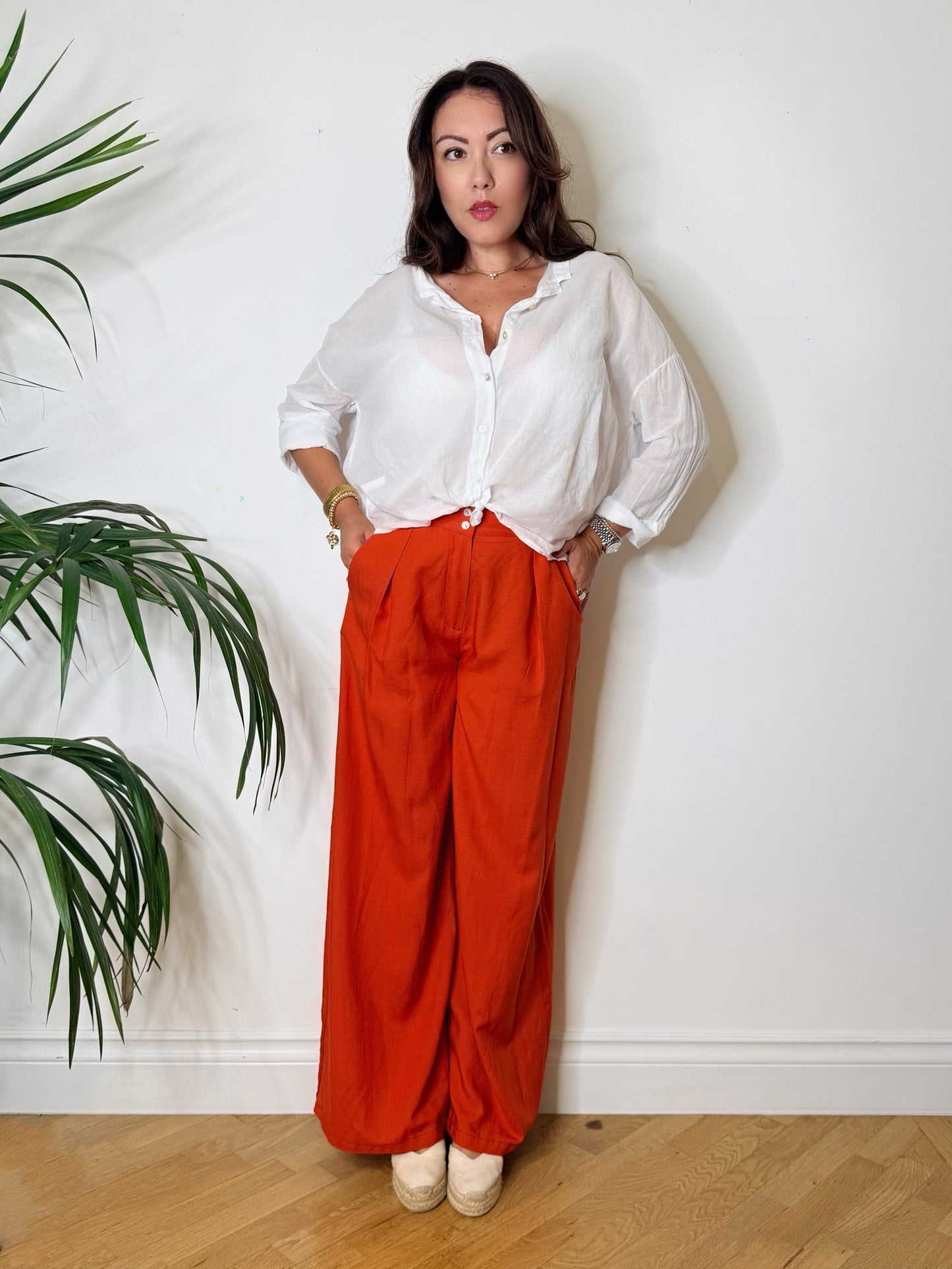 Pantaloni palazzo misto lino arancio