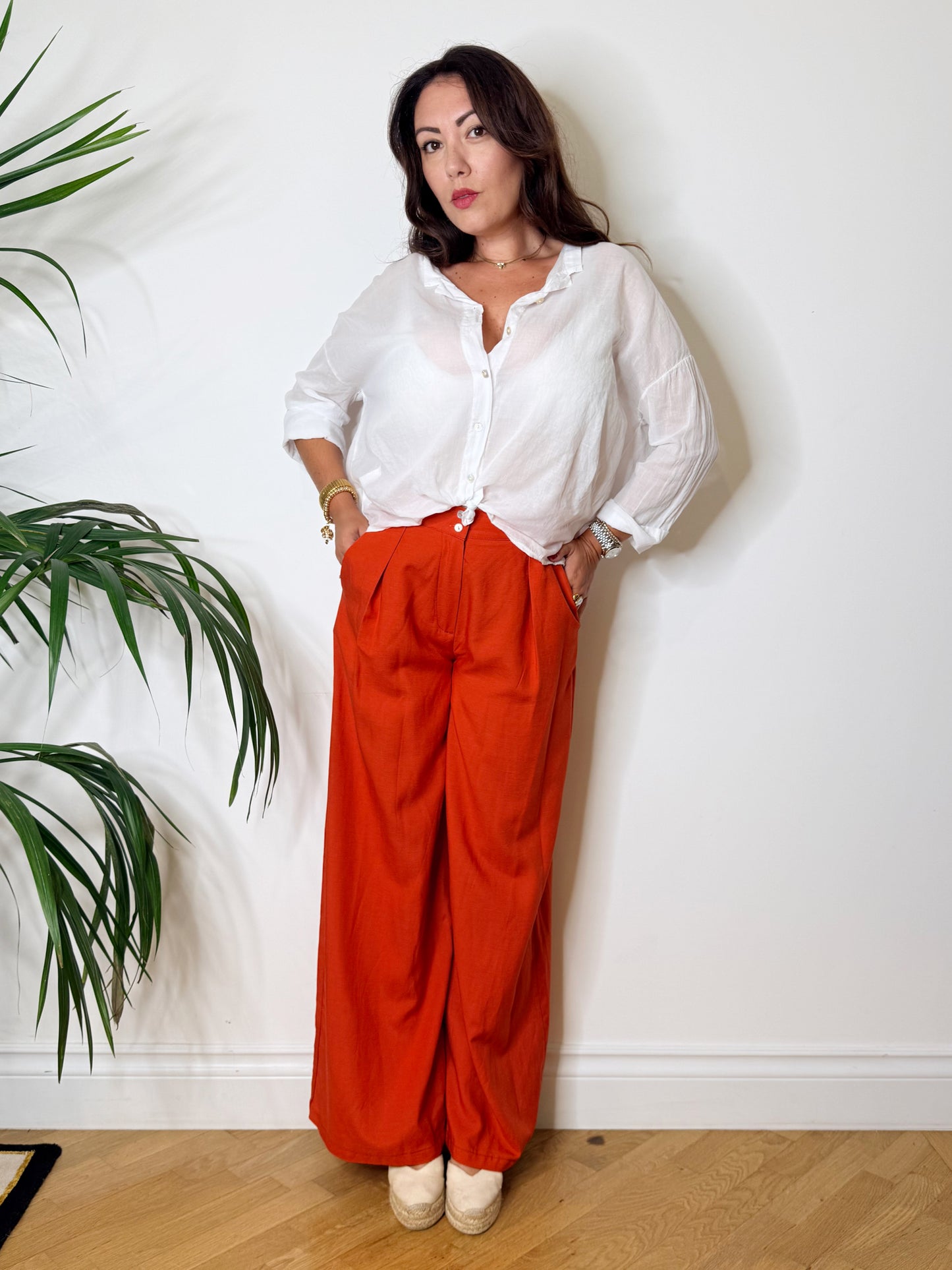 Pantaloni palazzo misto lino arancio