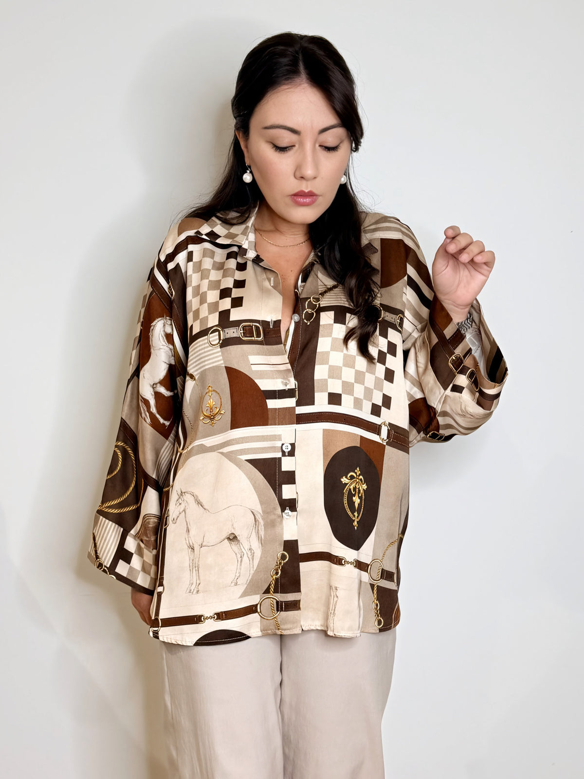 Camicia satinata stampa cavalli