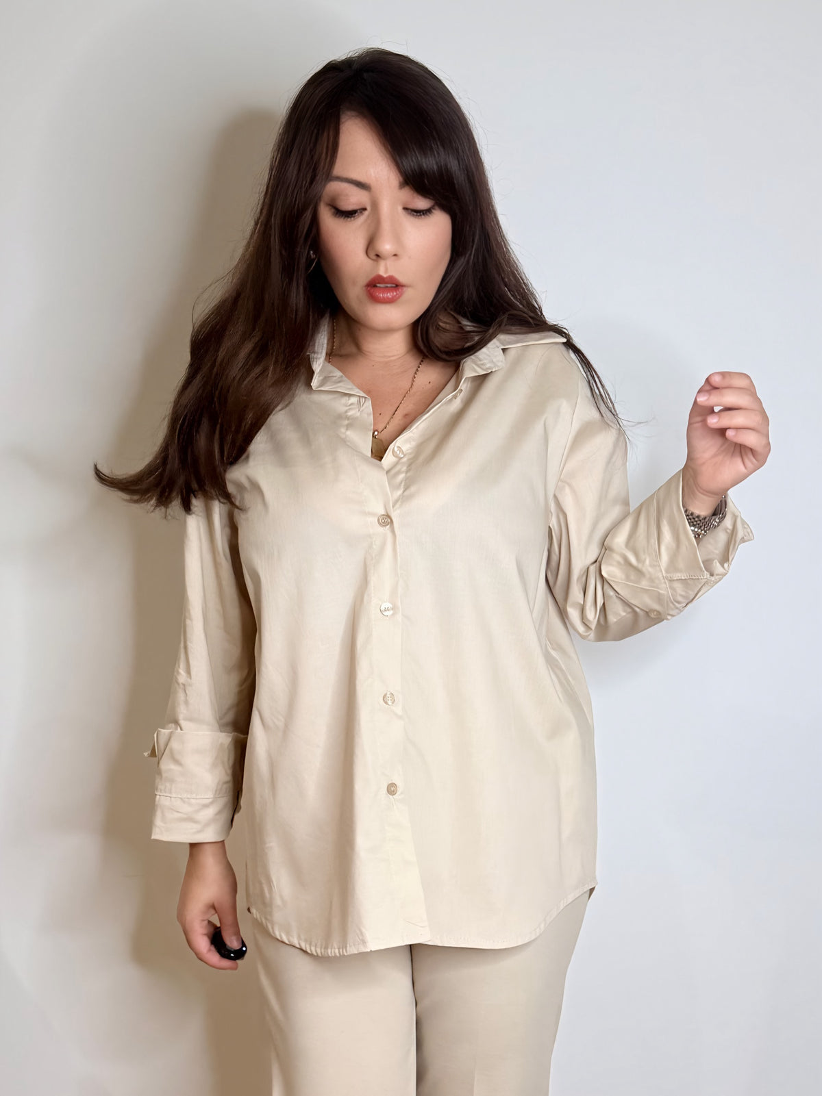 Camicia lunga in cotone beige