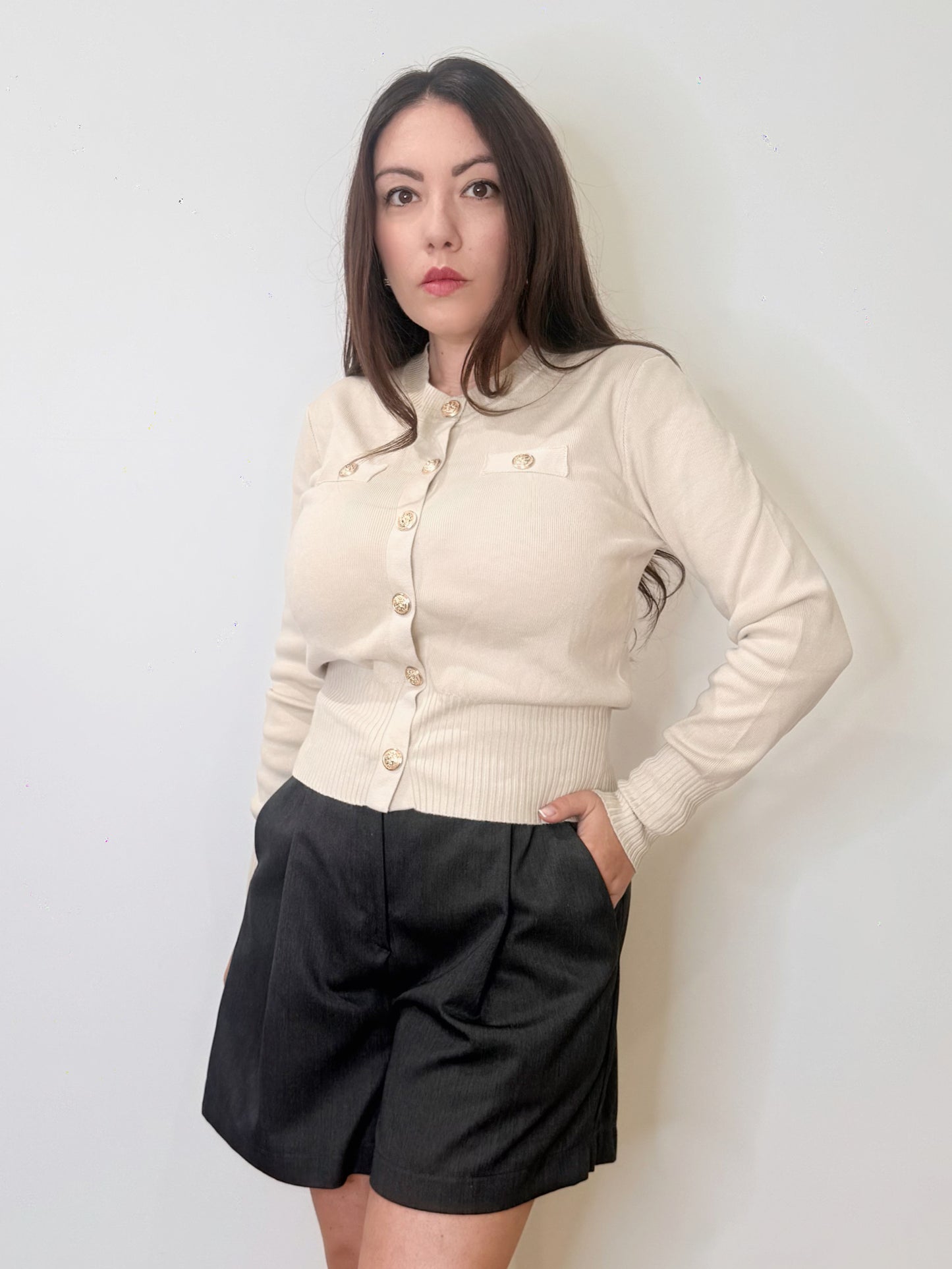 Cardigan bon ton in maglia beige