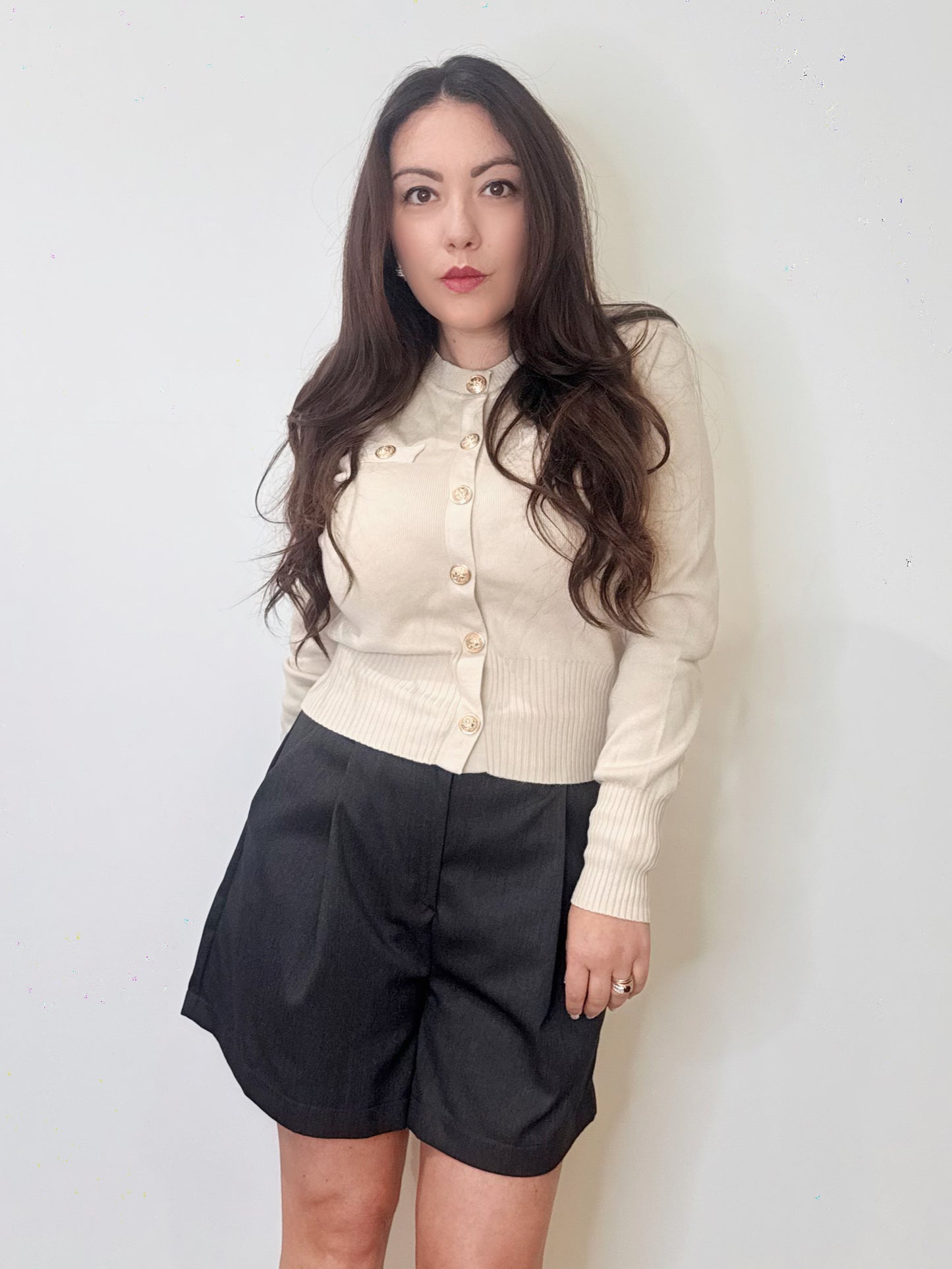 Cardigan bon ton in maglia beige