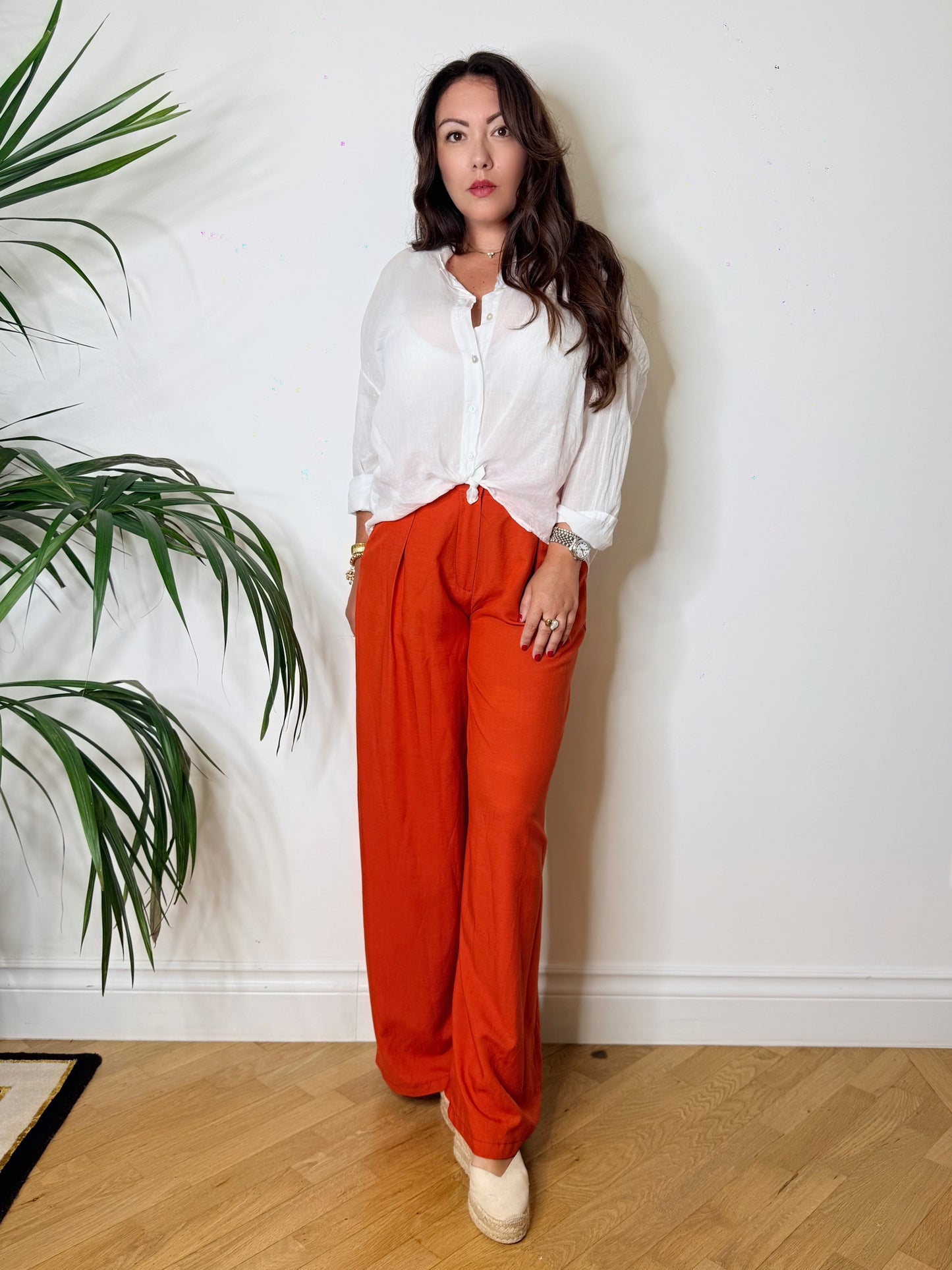 Pantaloni palazzo misto lino arancio