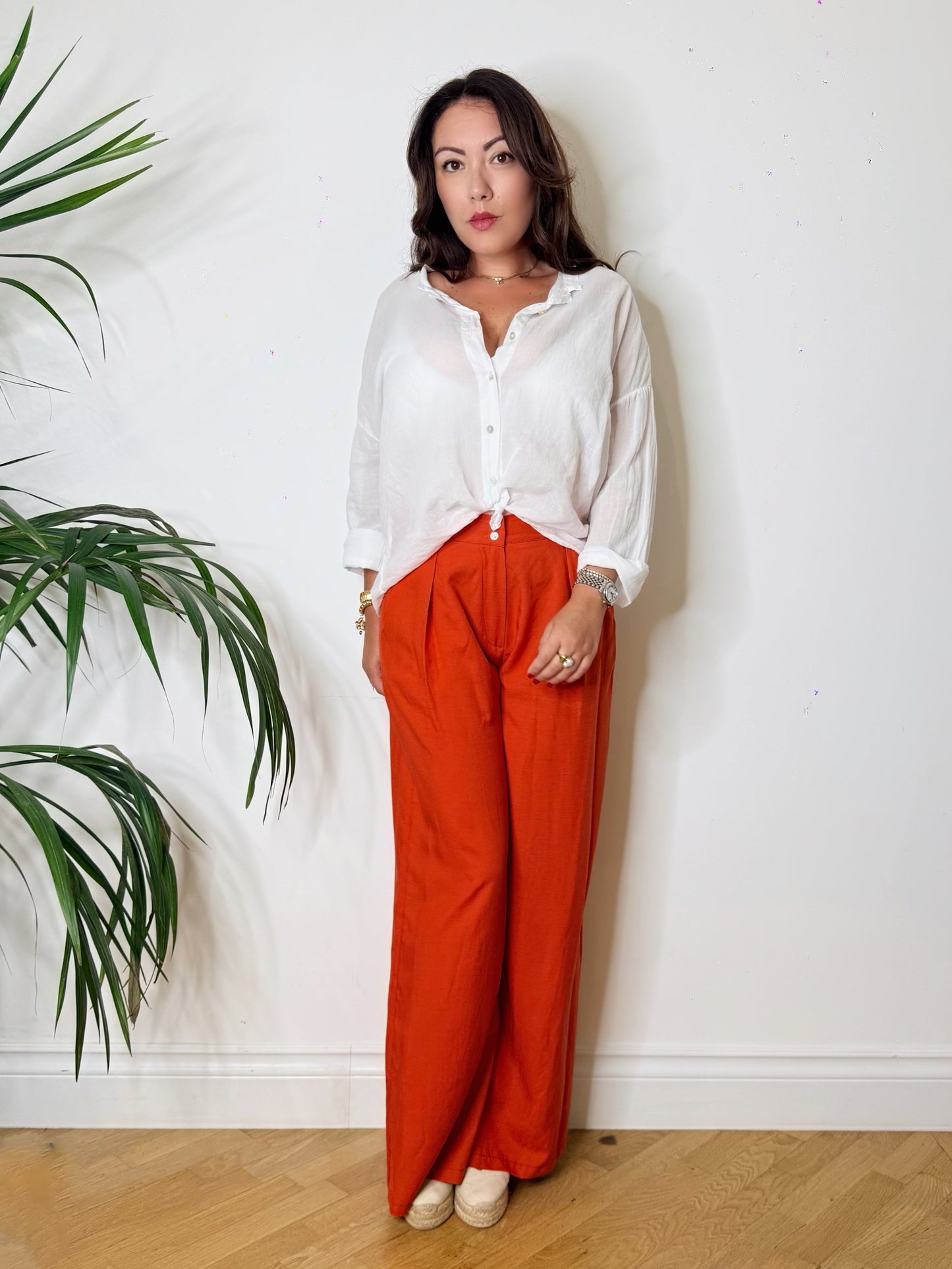 Pantaloni palazzo misto lino arancio