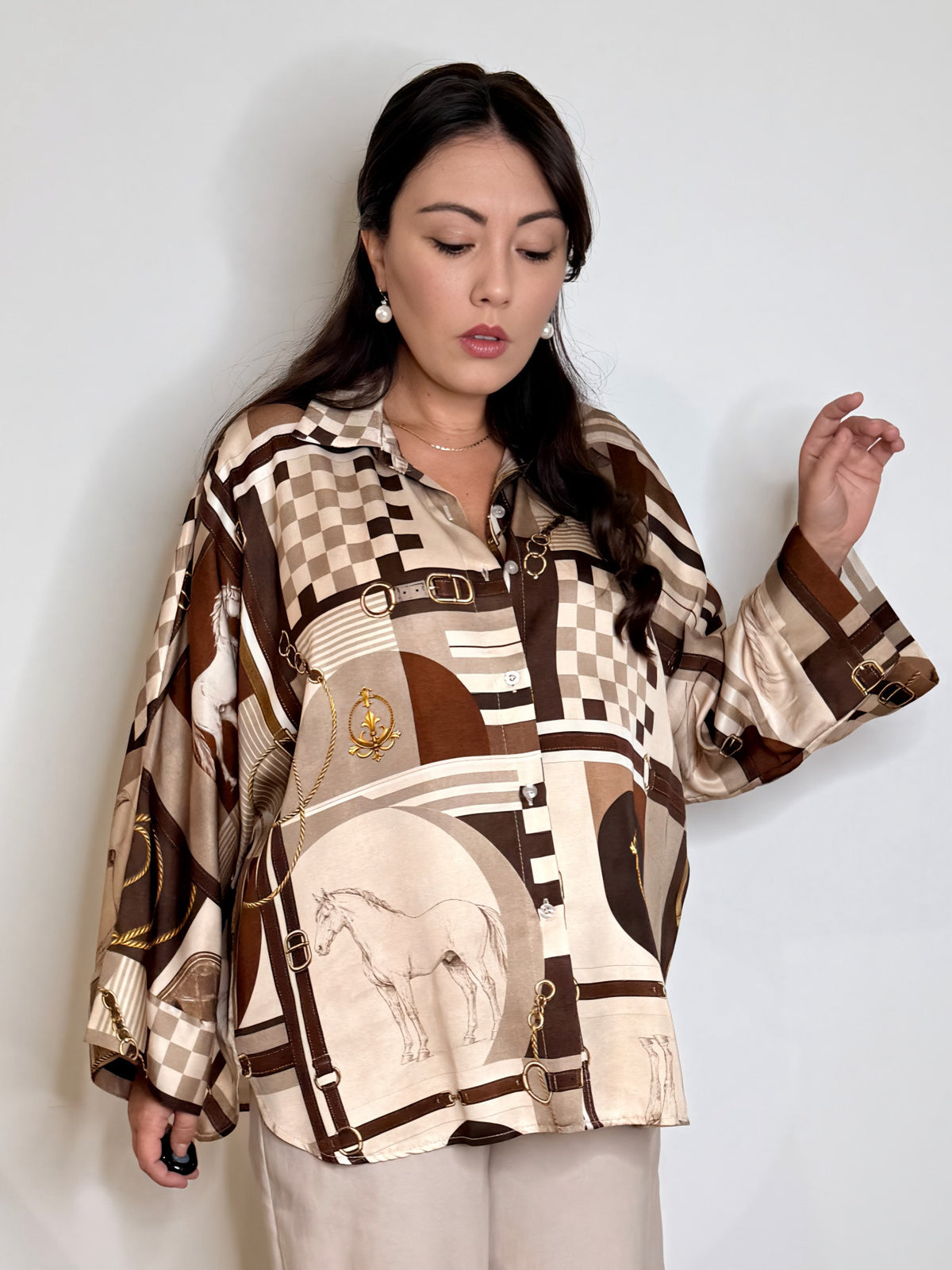 Camicia satinata stampa cavalli