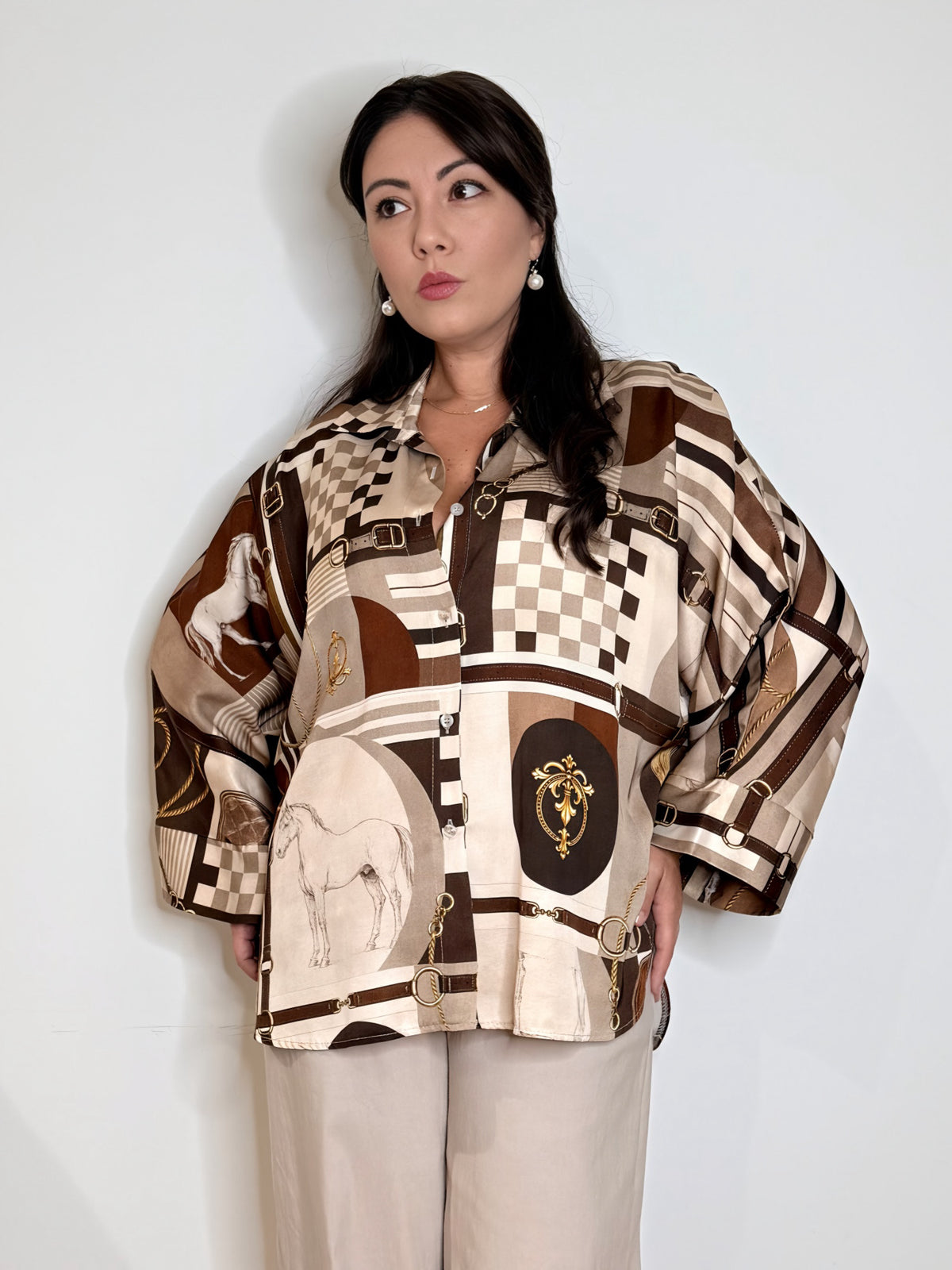 Camicia satinata stampa cavalli
